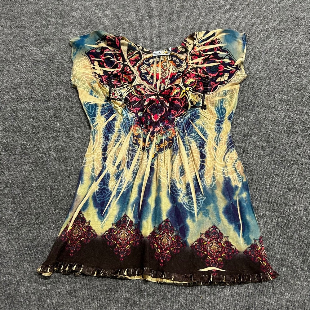 Unity World Wear Tunic Womens Size S Multicolor Paisley Tie Dye Boho Ruffle Hem